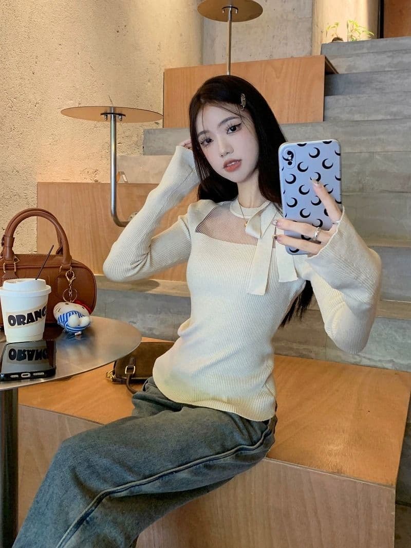 스트랩 나비 매듭 긴팔 스웨터 니트 스웨터 여성 가을 순수한 욕망 몸매 가꾸기 슬림해 보이는 쇼트 스타일 인사이드 가져 가라. 기본 셔츠 맨위 상세 이미지 10