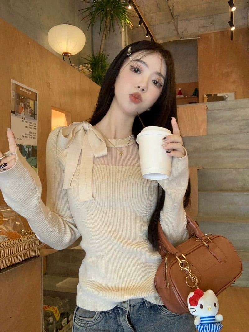 스트랩 나비 매듭 긴팔 스웨터 니트 스웨터 여성 가을 순수한 욕망 몸매 가꾸기 슬림해 보이는 쇼트 스타일 인사이드 가져 가라. 기본 셔츠 맨위 상세 이미지 12