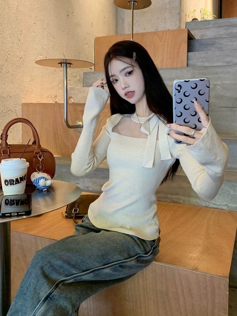 스트랩 나비 매듭 긴팔 스웨터 니트 스웨터 여성 가을 순수한 욕망 몸매 가꾸기 슬림해 보이는 쇼트 스타일 인사이드 가져 가라. 기본 셔츠 맨위 상세 이미지 13