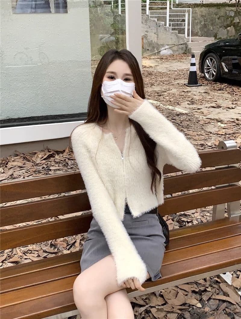 프랑스식 더블 지퍼 부드러운 바람 긴팔 니트 스웨터 여자 가을 긴팔 다용도 캐주얼 오픈 가디건 작은 키 맨위 상세 이미지 6