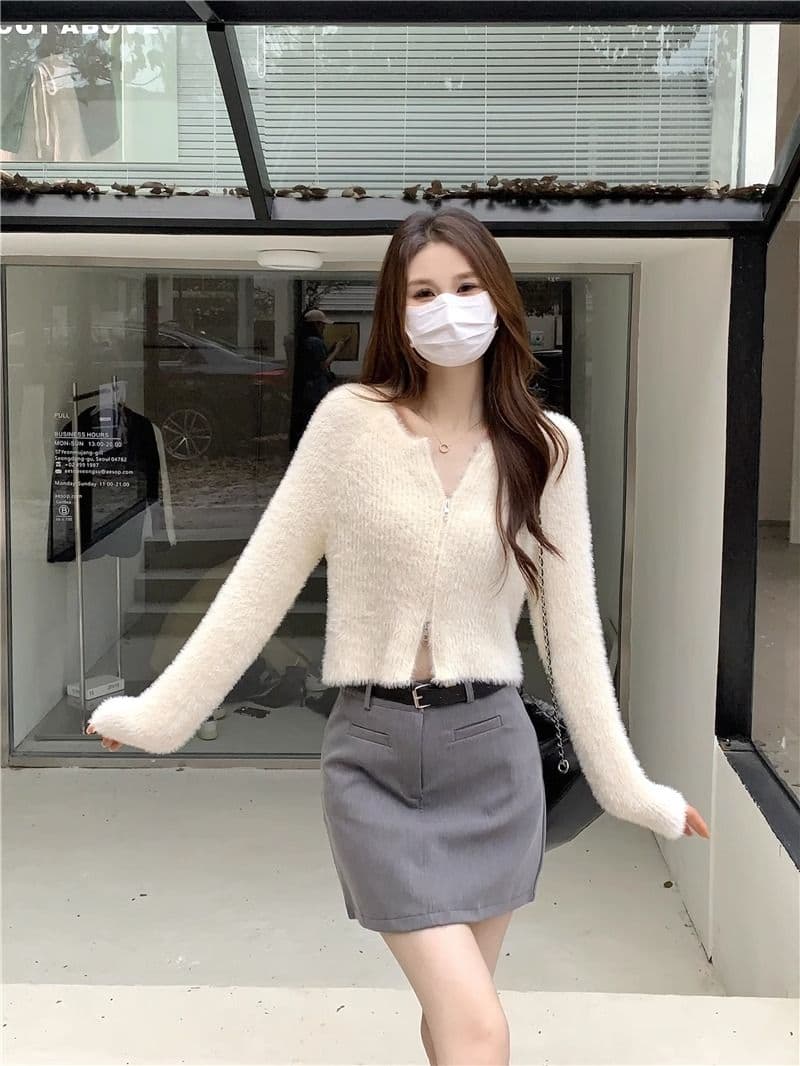 프랑스식 더블 지퍼 부드러운 바람 긴팔 니트 스웨터 여자 가을 긴팔 다용도 캐주얼 오픈 가디건 작은 키 맨위 상세 이미지 8