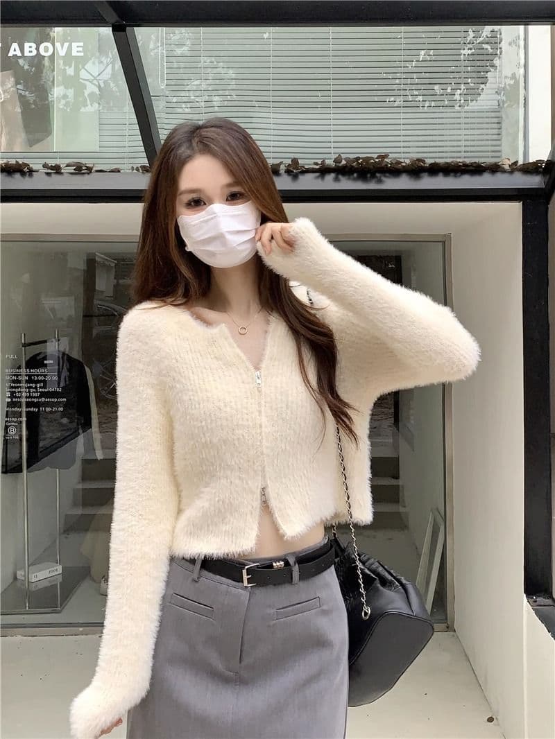 프랑스식 더블 지퍼 부드러운 바람 긴팔 니트 스웨터 여자 가을 긴팔 다용도 캐주얼 오픈 가디건 작은 키 맨위 상세 이미지 9