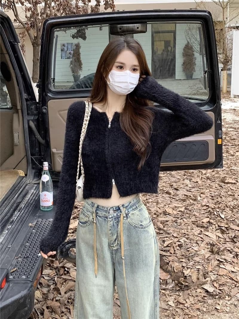 프랑스식 더블 지퍼 부드러운 바람 긴팔 니트 스웨터 여자 가을 긴팔 다용도 캐주얼 오픈 가디건 작은 키 맨위 상세 이미지 21