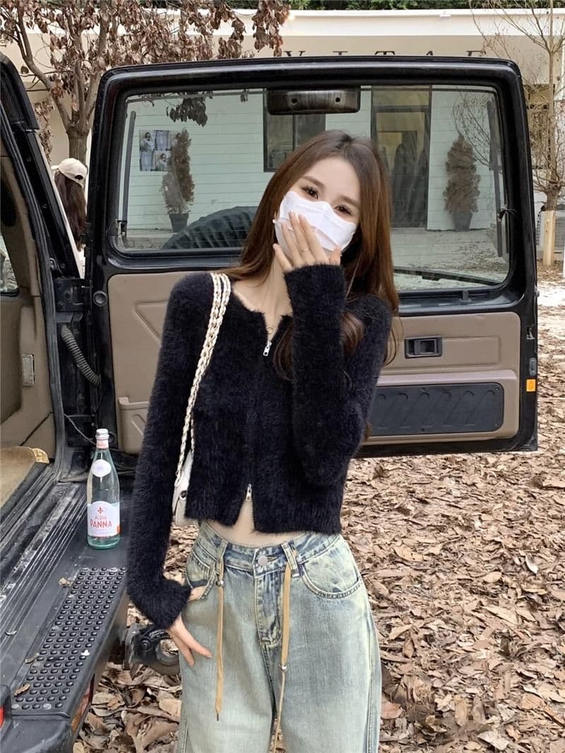 프랑스식 더블 지퍼 부드러운 바람 긴팔 니트 스웨터 여자 가을 긴팔 다용도 캐주얼 오픈 가디건 작은 키 맨위 상세 이미지 22