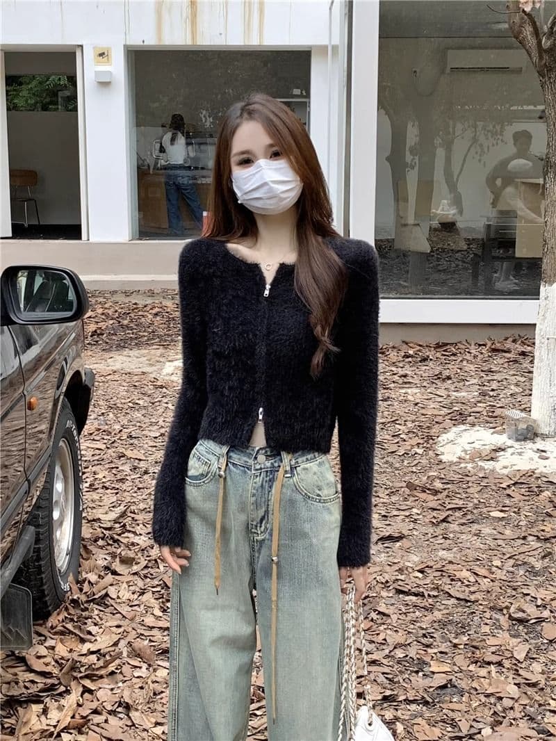 프랑스식 더블 지퍼 부드러운 바람 긴팔 니트 스웨터 여자 가을 긴팔 다용도 캐주얼 오픈 가디건 작은 키 맨위 상세 이미지 23