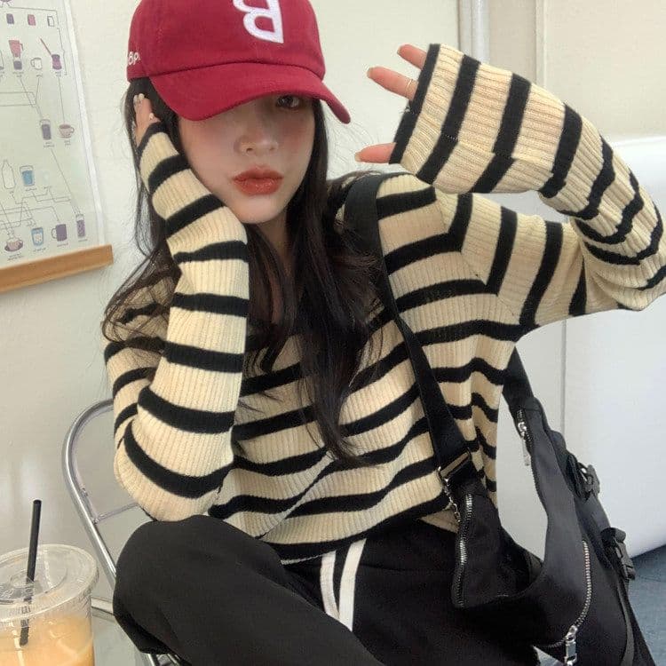 구덩이 기사 배색 레트로 프랑스식 V넥 긴팔 티셔츠 루즈핏 2026 봄 가을 착용 가져 가라. 외국 가스 Chic 인사이드 가져 가라. 기본 셔츠 상세 이미지 14