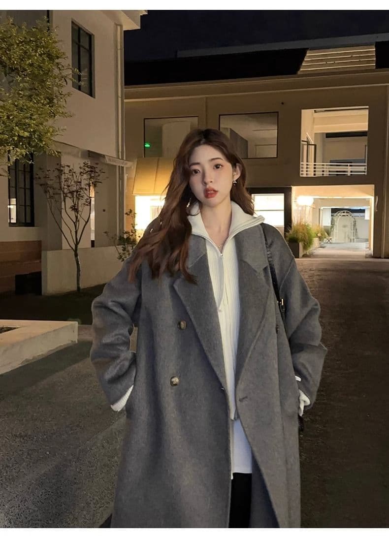 회색 모직 여성 코트 2026 가을 겨울철 새로운 한국 스타일 루즈핏 고급 센스 품격 그는 벤 바람 모직 코트 상세 이미지 7