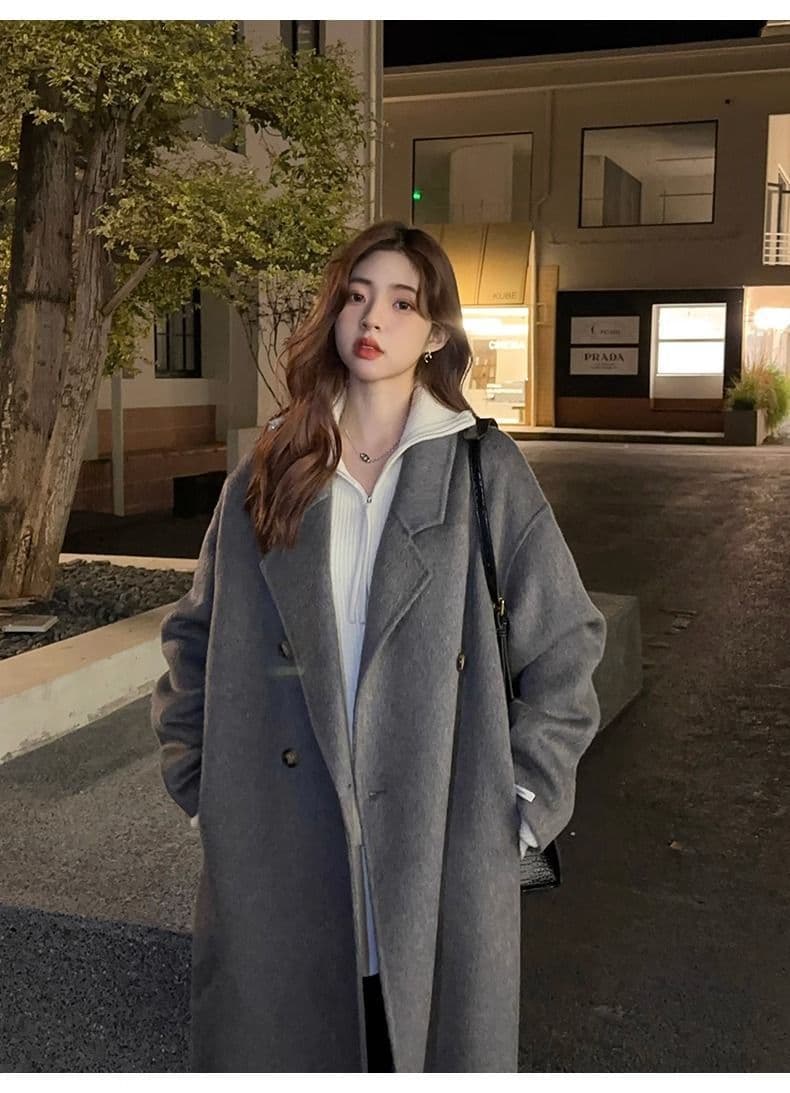 회색 모직 여성 코트 2026 가을 겨울철 새로운 한국 스타일 루즈핏 고급 센스 품격 그는 벤 바람 모직 코트 상세 이미지 9