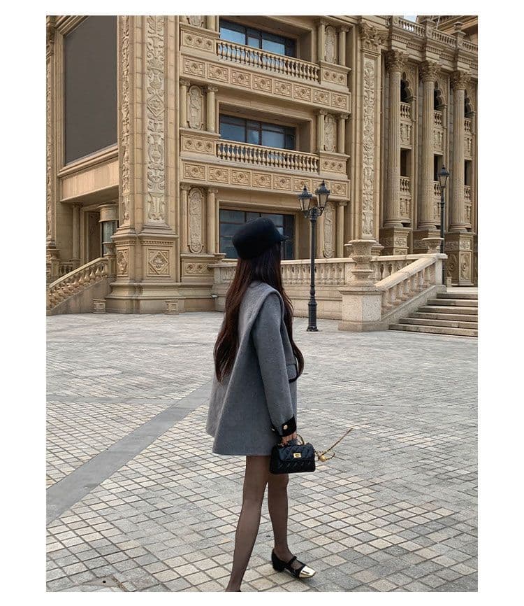 고급 센스 작은 샤넬 스타일 패션 스탠드 칼라 이중 버튼 나이트 고급 모직 코트 배색 패치워크 슬림해 보이는 품격 의류 상세 이미지 16