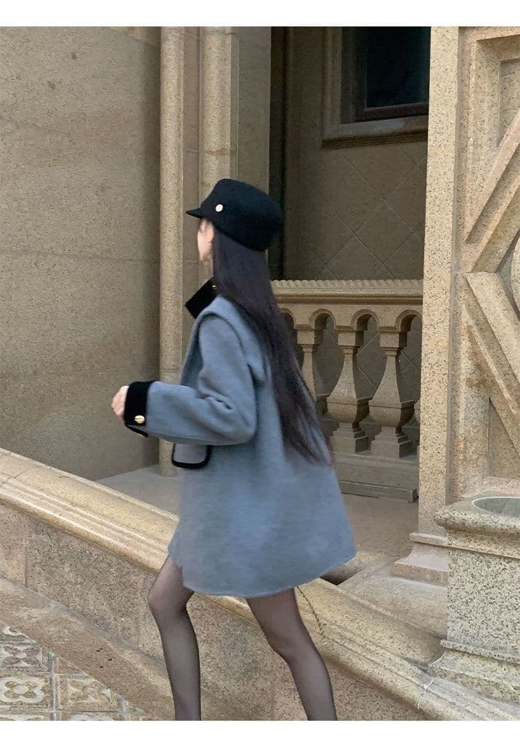 고급 센스 작은 샤넬 스타일 패션 스탠드 칼라 이중 버튼 나이트 고급 모직 코트 배색 패치워크 슬림해 보이는 품격 의류 상세 이미지 21