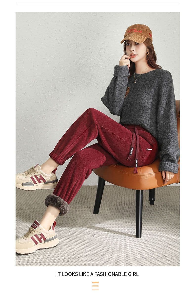 앙겔라 안격라 빨간색 바지 아이들 oversize 루즈핏 빅 사이즈 2026 가을 겨울 새로운 털이 있고 두꺼운 조거 캐주얼 바지 상세 이미지 16