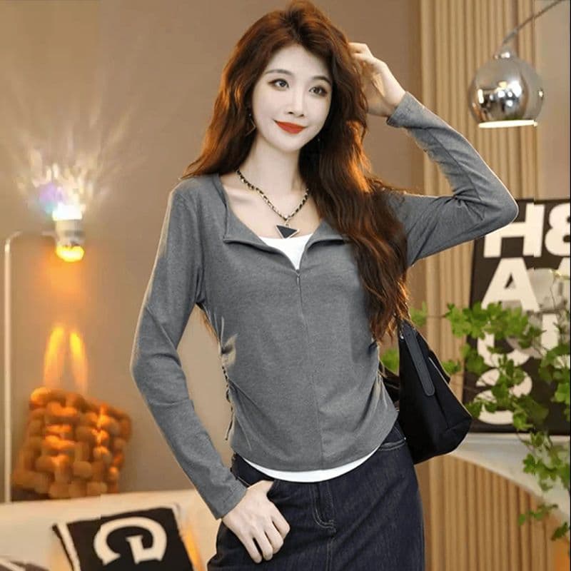 봄 새로운 패션 패치워크 배색 긴팔 티셔츠 여성 페이크 레이어드 지퍼 디자인 몸매 가꾸기 슬림해 보이는 만나는 맨위 이미지 3