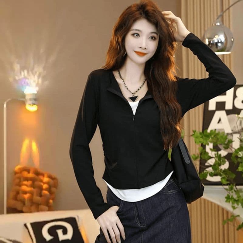 봄 새로운 패션 패치워크 배색 긴팔 티셔츠 여성 페이크 레이어드 지퍼 디자인 몸매 가꾸기 슬림해 보이는 만나는 맨위 상세 이미지 3