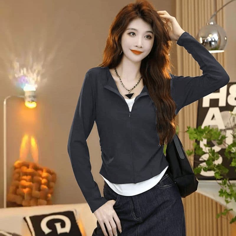 봄 새로운 패션 패치워크 배색 긴팔 티셔츠 여성 페이크 레이어드 지퍼 디자인 몸매 가꾸기 슬림해 보이는 만나는 맨위 상세 이미지 4