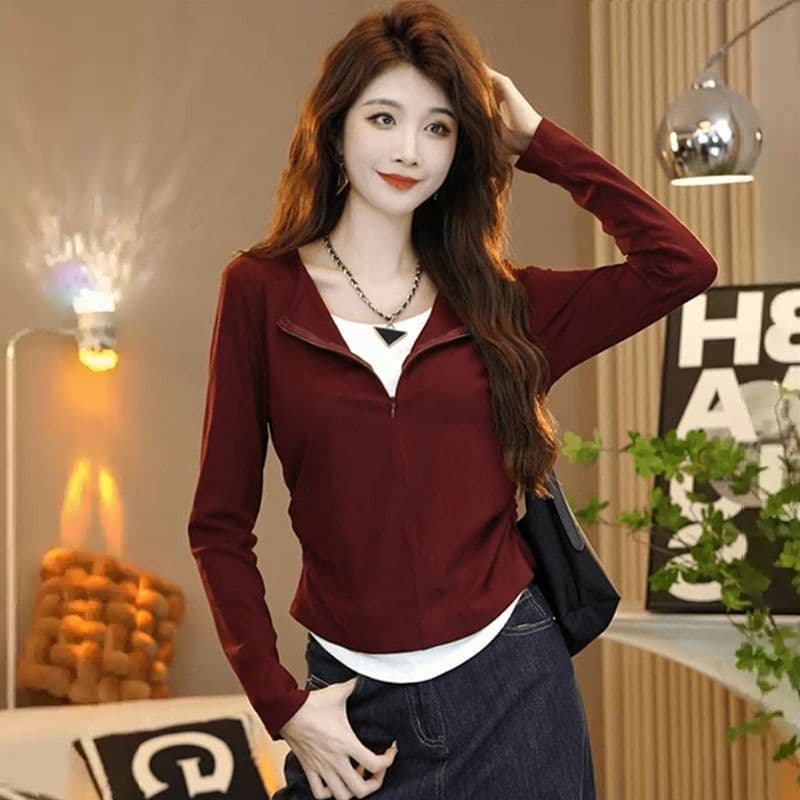 봄 새로운 패션 패치워크 배색 긴팔 티셔츠 여성 페이크 레이어드 지퍼 디자인 몸매 가꾸기 슬림해 보이는 만나는 맨위 상세 이미지 6