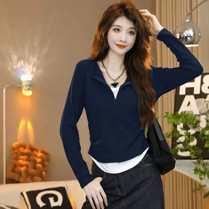 봄 새로운 패션 패치워크 배색 긴팔 티셔츠 여성 페이크 레이어드 지퍼 디자인 몸매 가꾸기 슬림해 보이는 만나는 맨위 상세 이미지 7