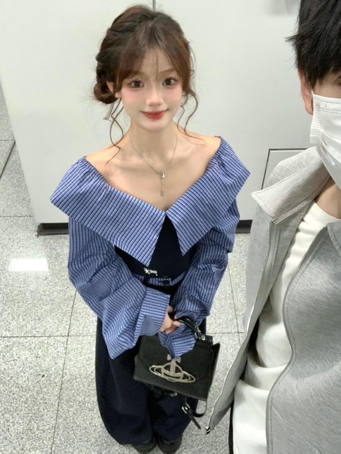 2026 새로운 슈퍼 잘 생긴 오프숄더 패치워크 맨위 여성 한국 스타일 허리 수축 루즈핏 슬림해 보이는 캐주얼 바지 투피스 슈트 상세 이미지 4