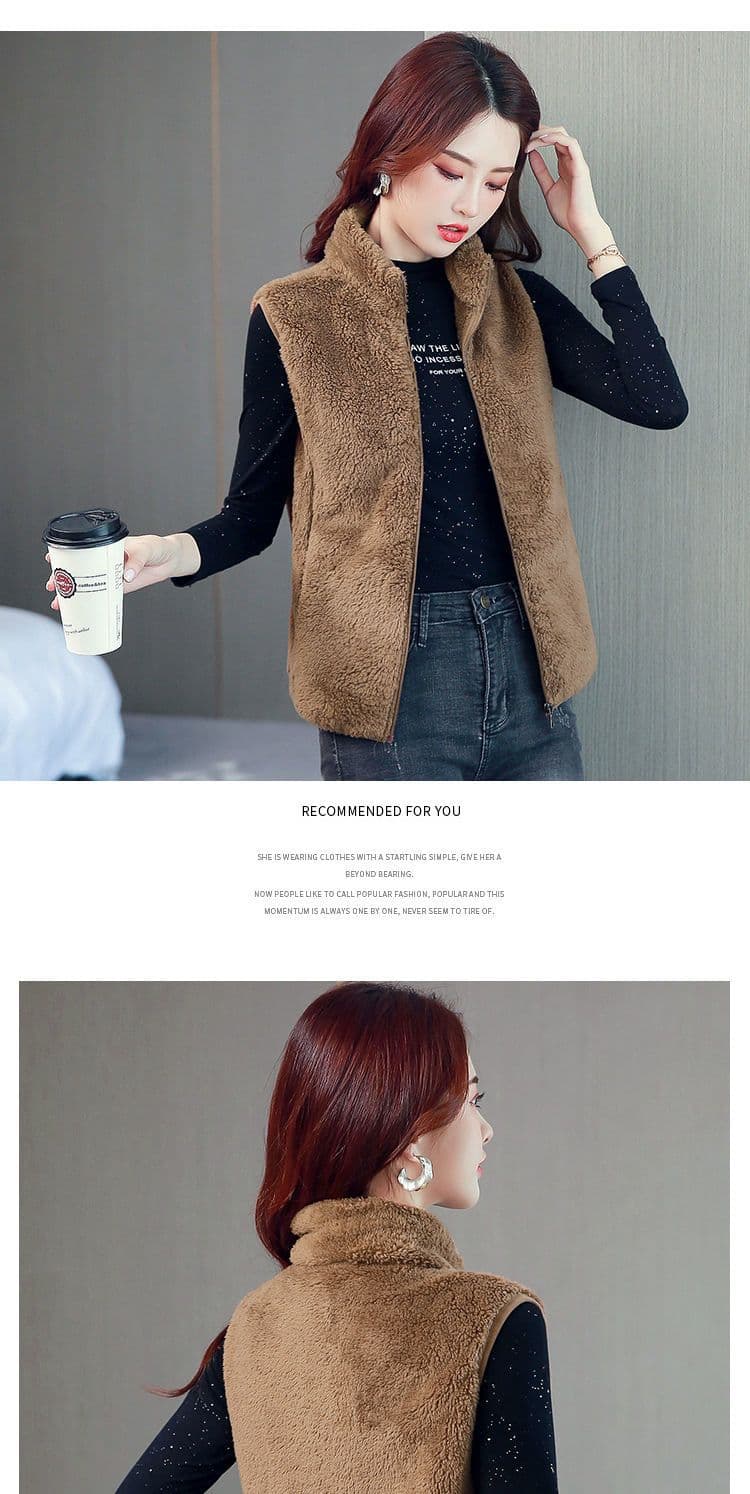 베스트 여성 짧은 가을 겨울 단면 플러시 조끼 자켓 지퍼 민소매 두꺼운 보온 어깨 빅 사이즈 루즈핏 엄마 상세 이미지 6