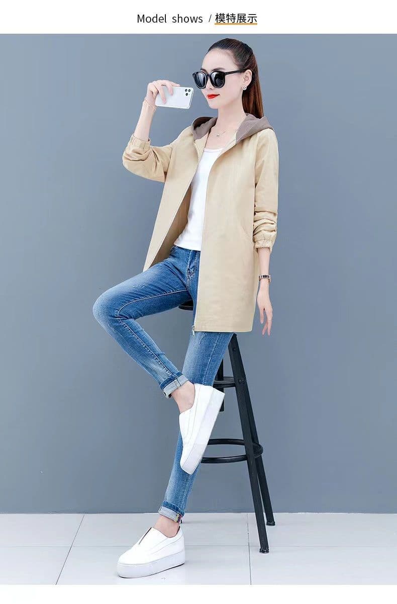레트로 홍콩 느낌 후드 바람막이 겨울 여성 코트 봄과 가을 2026 년 루즈핏 빅 사이즈 다용도 중간 길이 코트 상세 이미지 1
