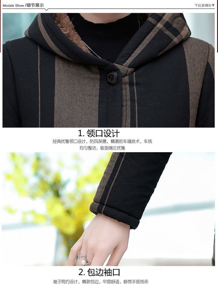 중노년 어머니 드레스 겨울 털이 있고 두꺼운 중간 길이 후드 면 옷 여성 스트레이트 면 의류 노년 보온 면 의류 상세 이미지 19