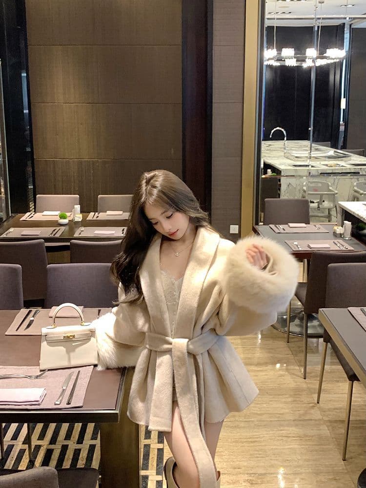 회색 V넥 스트랩 모직 여성 코트 가을 겨울철 긴팔 루즈핏 고급 센스 코트 패치워크 중간 길이 맨위 이미지 4