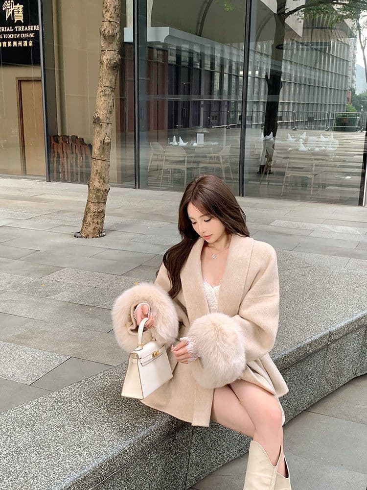 회색 V넥 스트랩 모직 여성 코트 가을 겨울철 긴팔 루즈핏 고급 센스 코트 패치워크 중간 길이 맨위 이미지 2