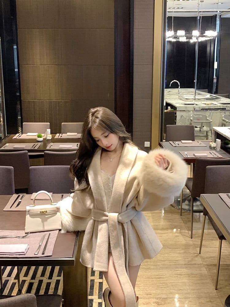 회색 V넥 스트랩 모직 여성 코트 가을 겨울철 긴팔 루즈핏 고급 센스 코트 패치워크 중간 길이 맨위 상세 이미지 2