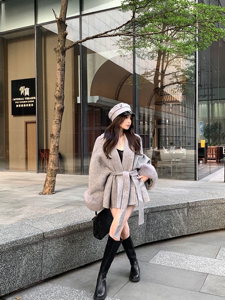 회색 V넥 스트랩 모직 여성 코트 가을 겨울철 긴팔 루즈핏 고급 센스 코트 패치워크 중간 길이 맨위 상세 이미지 3