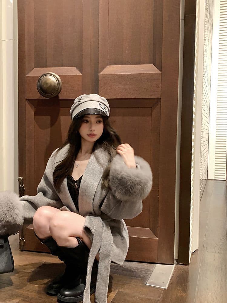 회색 V넥 스트랩 모직 여성 코트 가을 겨울철 긴팔 루즈핏 고급 센스 코트 패치워크 중간 길이 맨위 상세 이미지 10