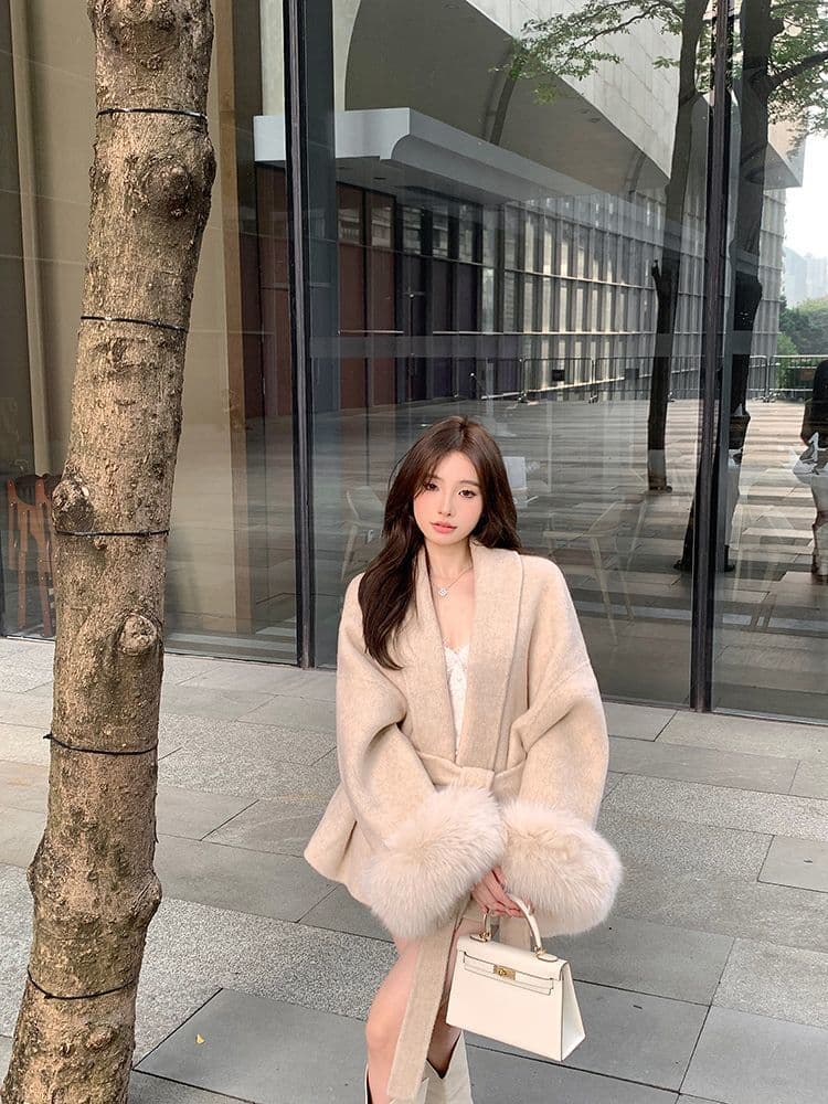 회색 V넥 스트랩 모직 여성 코트 가을 겨울철 긴팔 루즈핏 고급 센스 코트 패치워크 중간 길이 맨위 상세 이미지 17