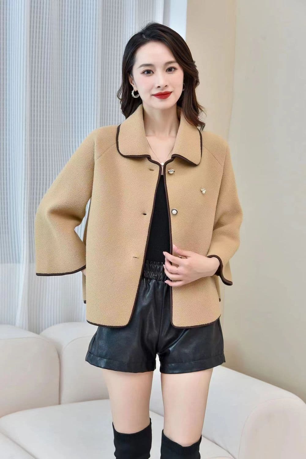 어머니 드레스 외국 가스 단면 뭐라구? 짧은 여성 코트 봄 가을 중노년 고급 패션 루즈핏 봄 드레스 모직 외투 이미지 4