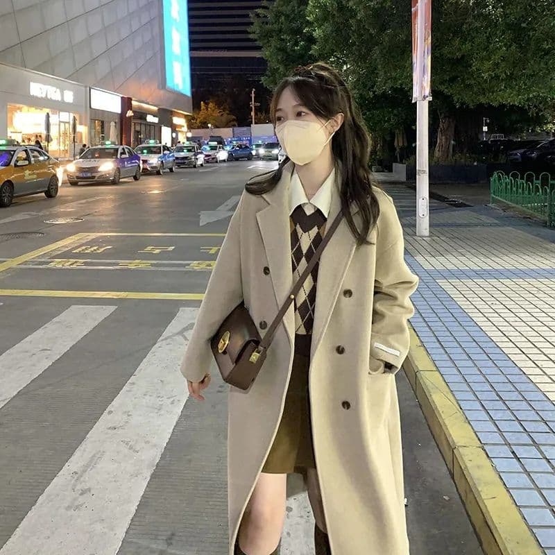 2026 가을 겨울철 새로운 살구 색상 모직 여성 코트 그는 벤 바람 모직 코트 작은 키 한 부서 겨울 두꺼운 이미지 3
