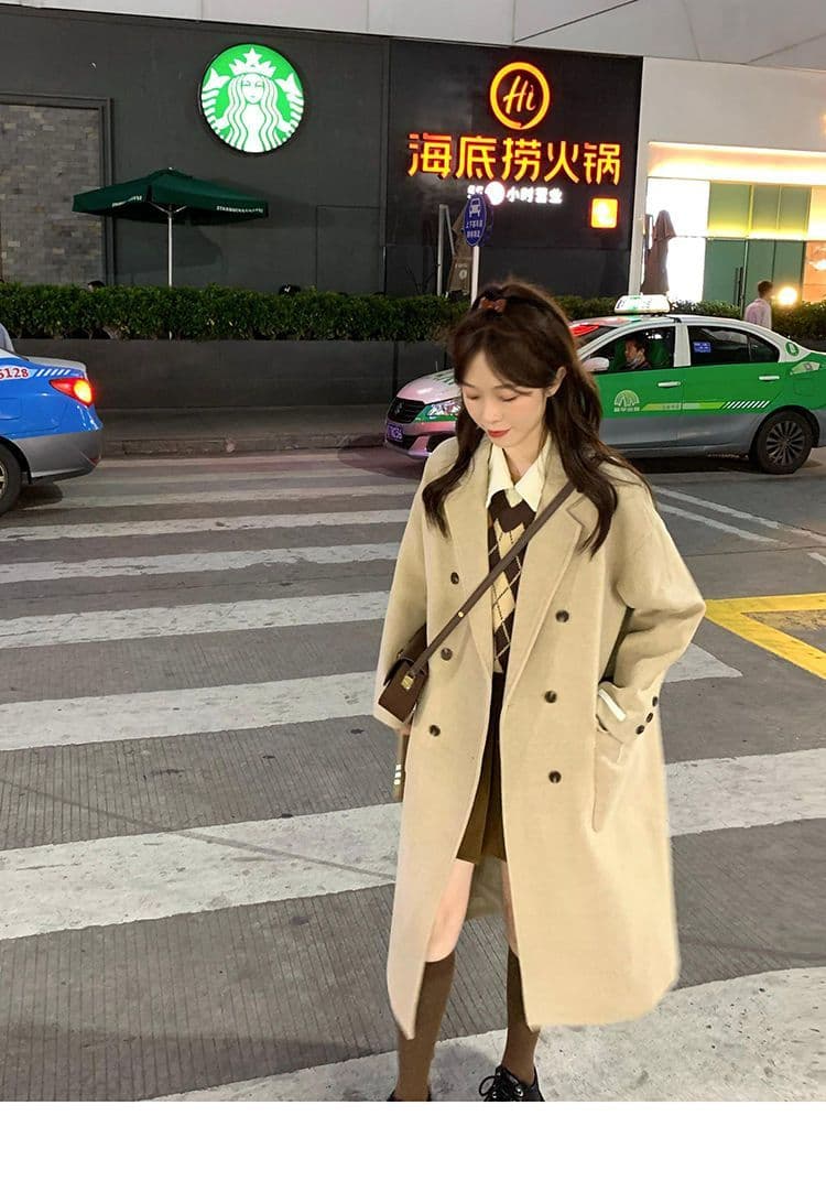 2026 가을 겨울철 새로운 살구 색상 모직 여성 코트 그는 벤 바람 모직 코트 작은 키 한 부서 겨울 두꺼운 상세 이미지 3