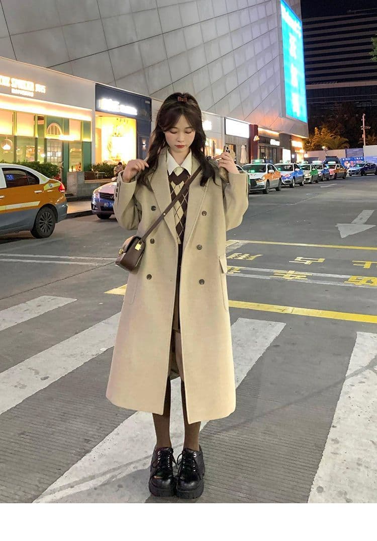 2026 가을 겨울철 새로운 살구 색상 모직 여성 코트 그는 벤 바람 모직 코트 작은 키 한 부서 겨울 두꺼운 상세 이미지 6