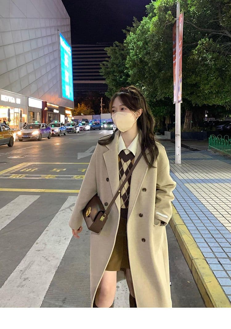 2026 가을 겨울철 새로운 살구 색상 모직 여성 코트 그는 벤 바람 모직 코트 작은 키 한 부서 겨울 두꺼운 상세 이미지 8