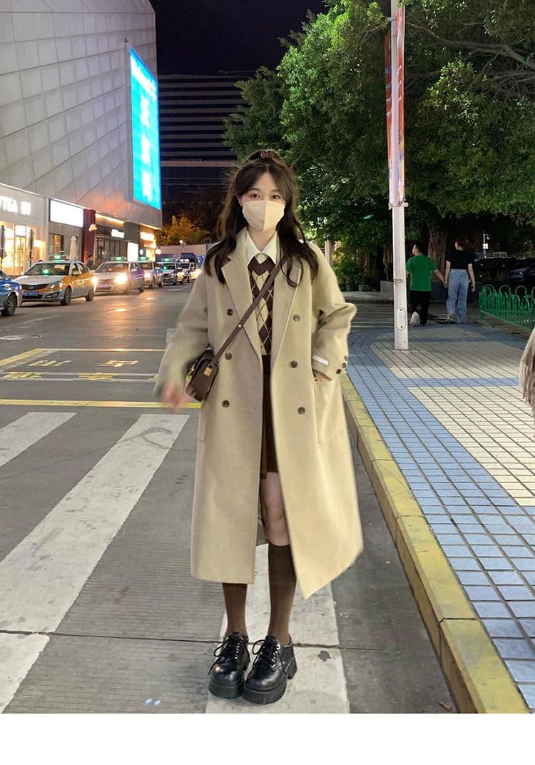 2026 가을 겨울철 새로운 살구 색상 모직 여성 코트 그는 벤 바람 모직 코트 작은 키 한 부서 겨울 두꺼운 상세 이미지 14