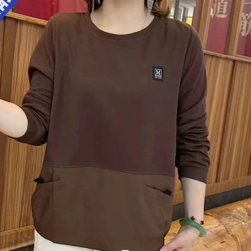 봄 가을 새로운 한국 스타일 루즈핏 슬림해 보이는 캐주얼 다용도 외국 가스 단순한 어머니 드레스 패치워크 긴팔 후드티 여성 이미지 5