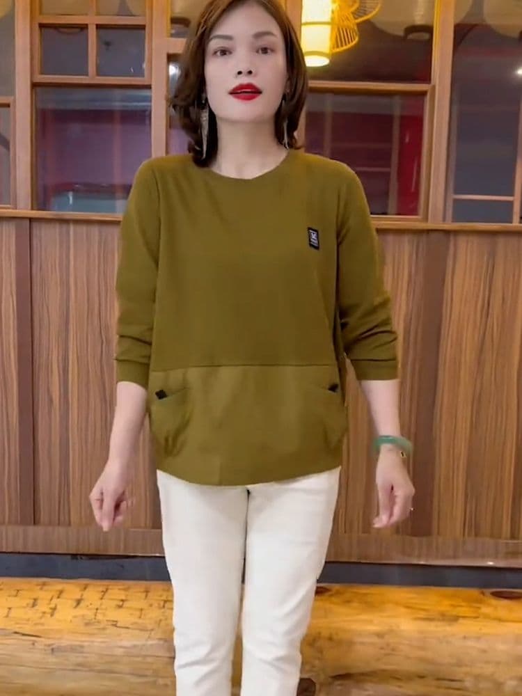 봄 가을 새로운 한국 스타일 루즈핏 슬림해 보이는 캐주얼 다용도 외국 가스 단순한 어머니 드레스 패치워크 긴팔 후드티 여성 상세 이미지 1