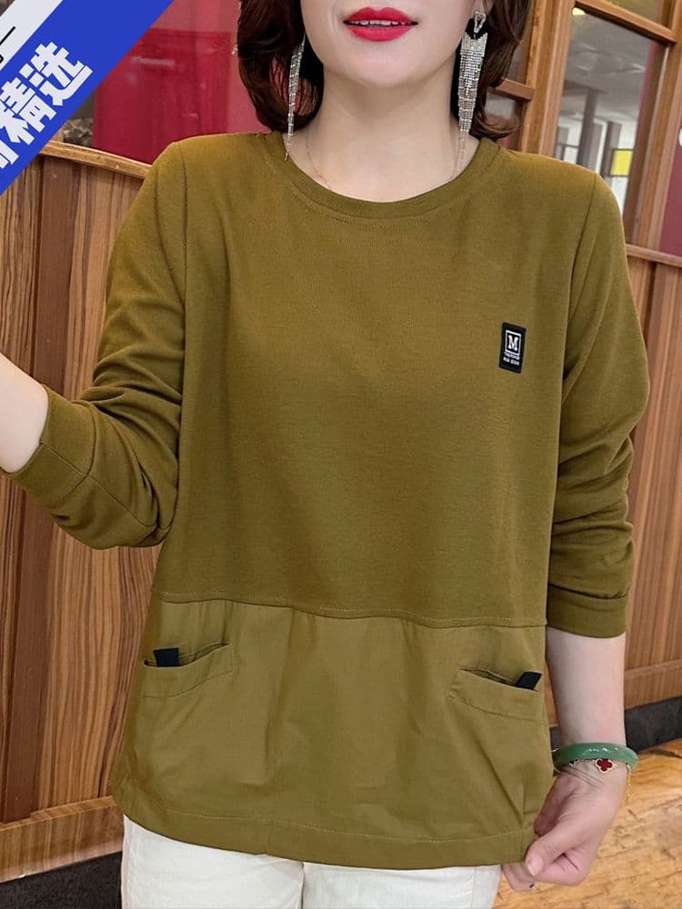 봄 가을 새로운 한국 스타일 루즈핏 슬림해 보이는 캐주얼 다용도 외국 가스 단순한 어머니 드레스 패치워크 긴팔 후드티 여성 상세 이미지 3