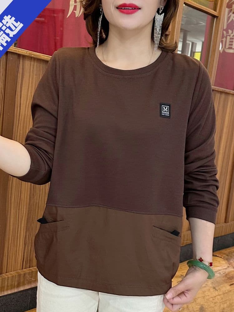 봄 가을 새로운 한국 스타일 루즈핏 슬림해 보이는 캐주얼 다용도 외국 가스 단순한 어머니 드레스 패치워크 긴팔 후드티 여성 상세 이미지 4