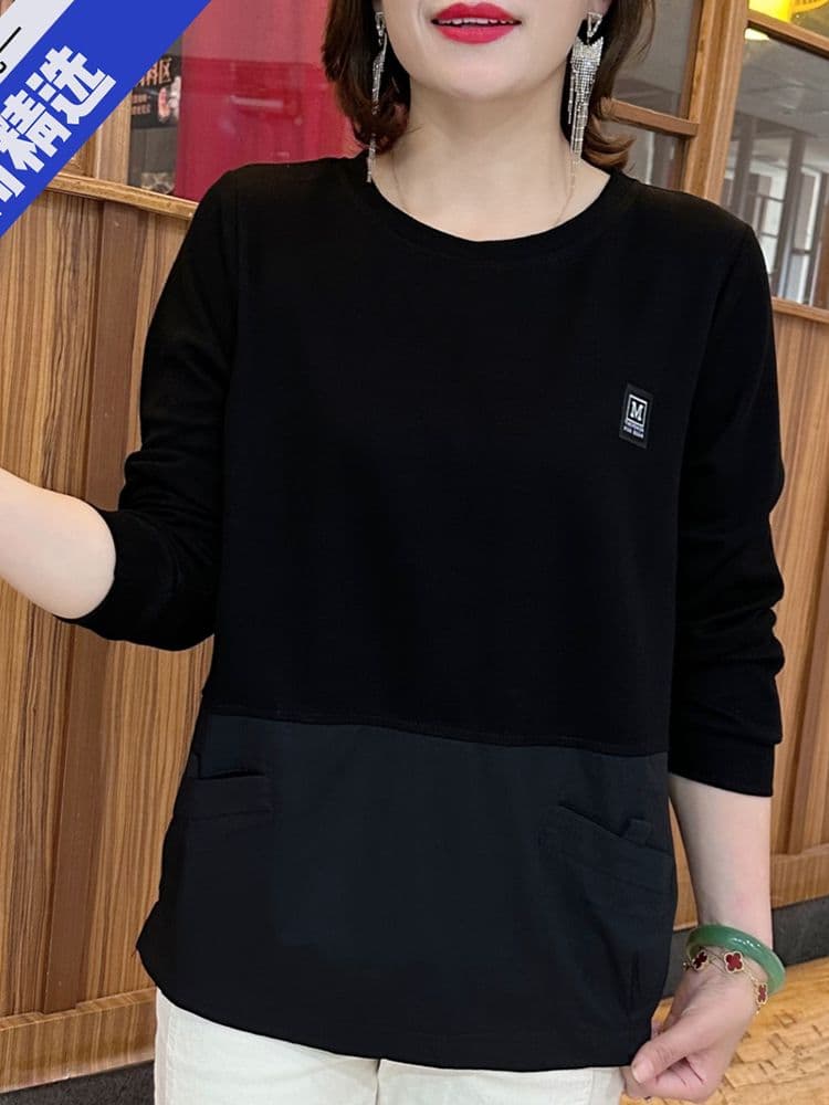 봄 가을 새로운 한국 스타일 루즈핏 슬림해 보이는 캐주얼 다용도 외국 가스 단순한 어머니 드레스 패치워크 긴팔 후드티 여성 상세 이미지 5