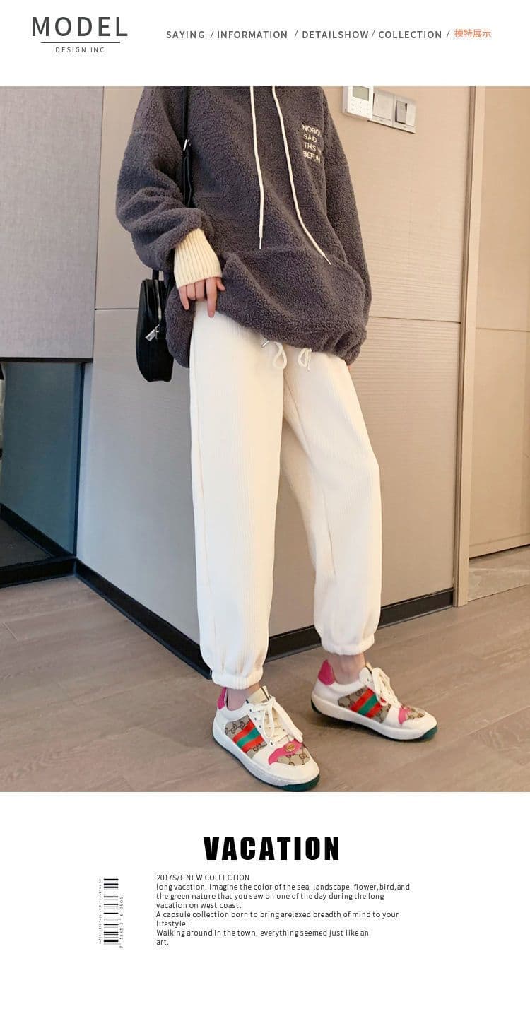 새로운 ins 트렌디 와이드 레그 팬츠 어린이 코듀로이 도루 센스 루즈핏 슬림해 보이는 겨울 털이 있고 두꺼운 캐주얼 조거 바지 여성 상세 이미지 5