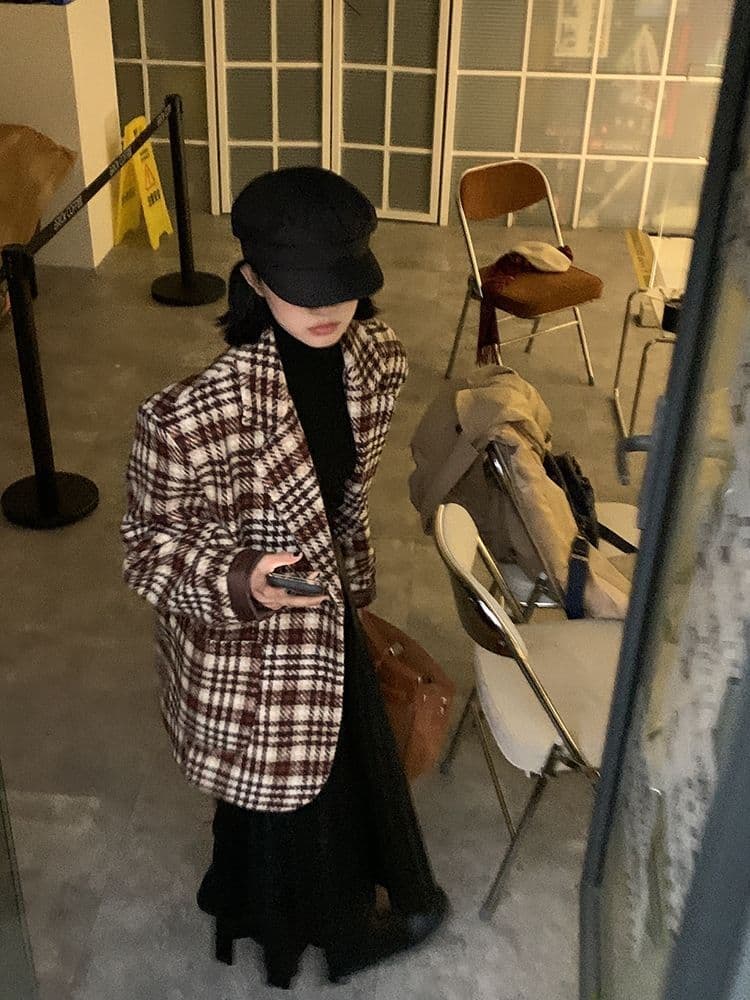 2026 겨울 체크무늬 새로운 레트로 체크무늬 모직 여성 코트 품격 모직 정장 코트 루즈핏 작은 키 상세 이미지 12