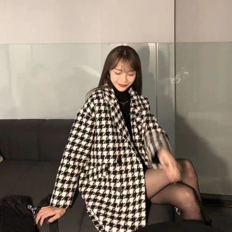 2026 가을 겨울철 루즈핏 솜을 넣은 두꺼운 보온 하운드투스 체크 중간 길이 모직 코트 모직 정장 여성 코트 상세 이미지 28