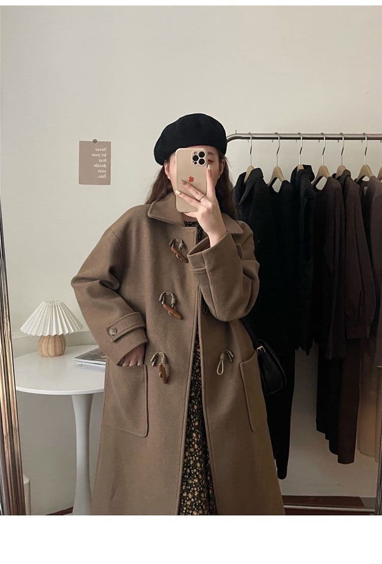 소뿔 버클 일본식 모직 여성 코트 2026 년 가을 겨울철 새로운 모직 코트 작은 키 두꺼운 중간 길이 상세 이미지 9