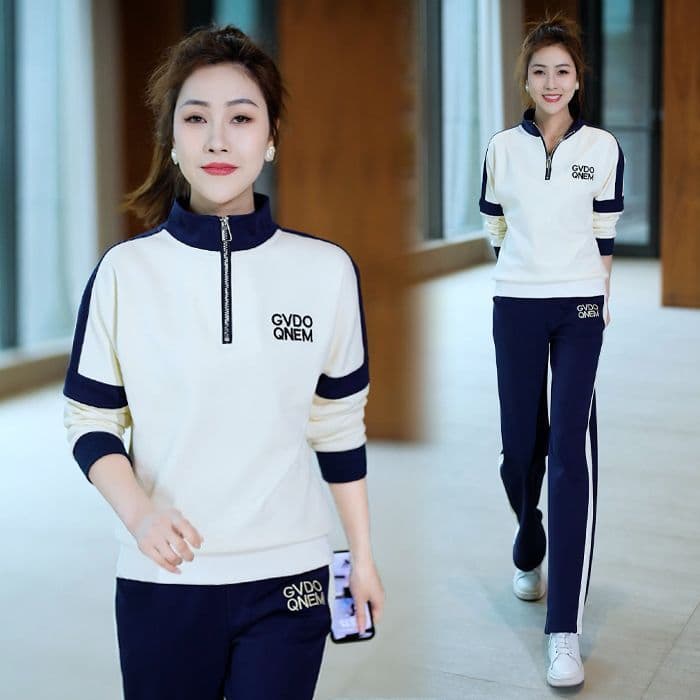2026 봄 가을 새로운 여성 의류 한국 스타일 스탠드 칼라 패치워크 색상 캐주얼 운동복 세트 여성 루즈핏 슬림해 보이는 투피스 세트 상세 이미지 8