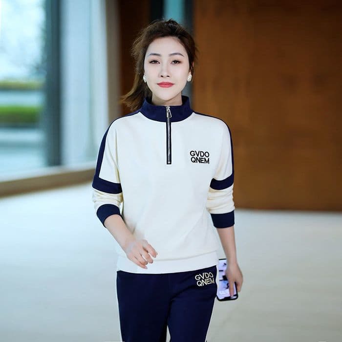 2026 봄 가을 새로운 여성 의류 한국 스타일 스탠드 칼라 패치워크 색상 캐주얼 운동복 세트 여성 루즈핏 슬림해 보이는 투피스 세트 상세 이미지 9