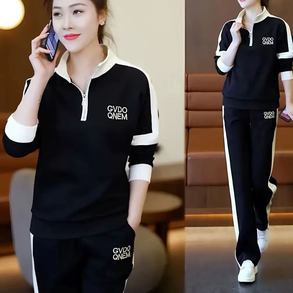 2026 봄 가을 새로운 여성 의류 한국 스타일 스탠드 칼라 패치워크 색상 캐주얼 운동복 세트 여성 루즈핏 슬림해 보이는 투피스 세트 상세 이미지 11