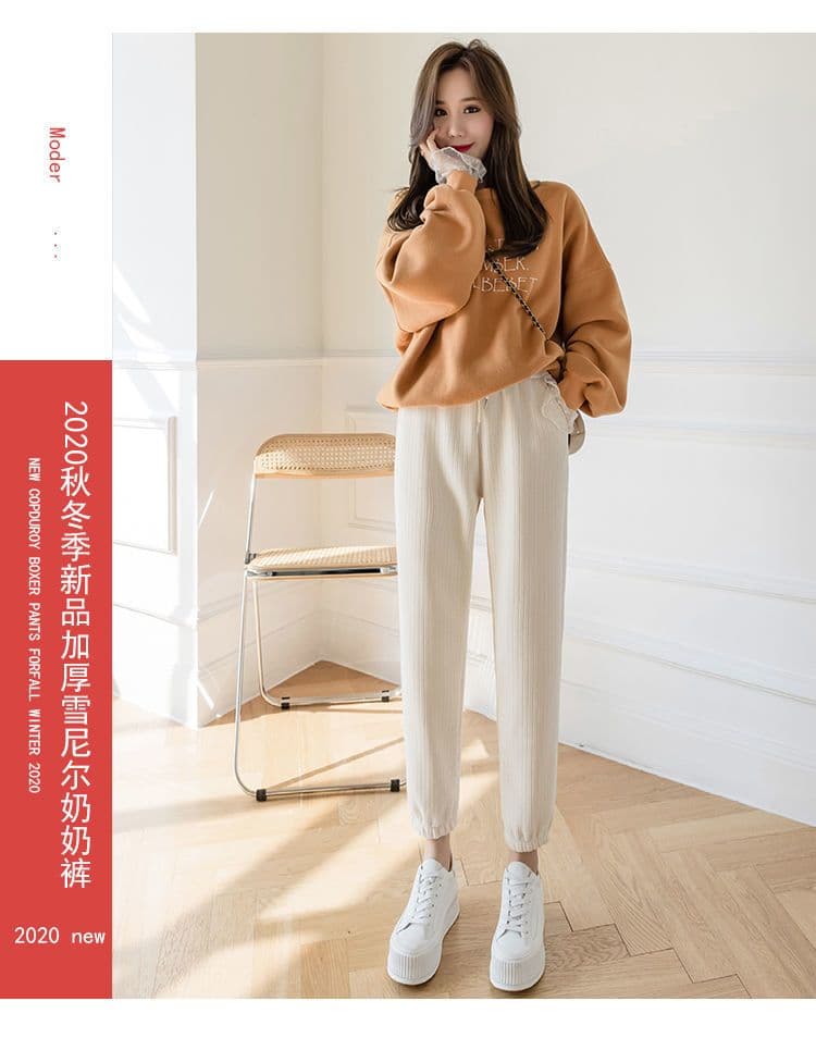 새로운 캐주얼 운동 바지 아이들 가을 겨울 루즈핏 털이 있는 조거 하렘 바지 두꺼운 슬림해 보이는 무 할머니 바지 상세 이미지 1