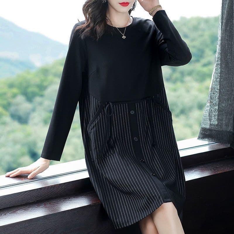 2026 봄 새로운 중노년 어머니 드레스 루즈핏 빅 사이즈 여성 의류 표지 배 슬림해 보이는 치마 중간 길이 드레스 이미지 3
